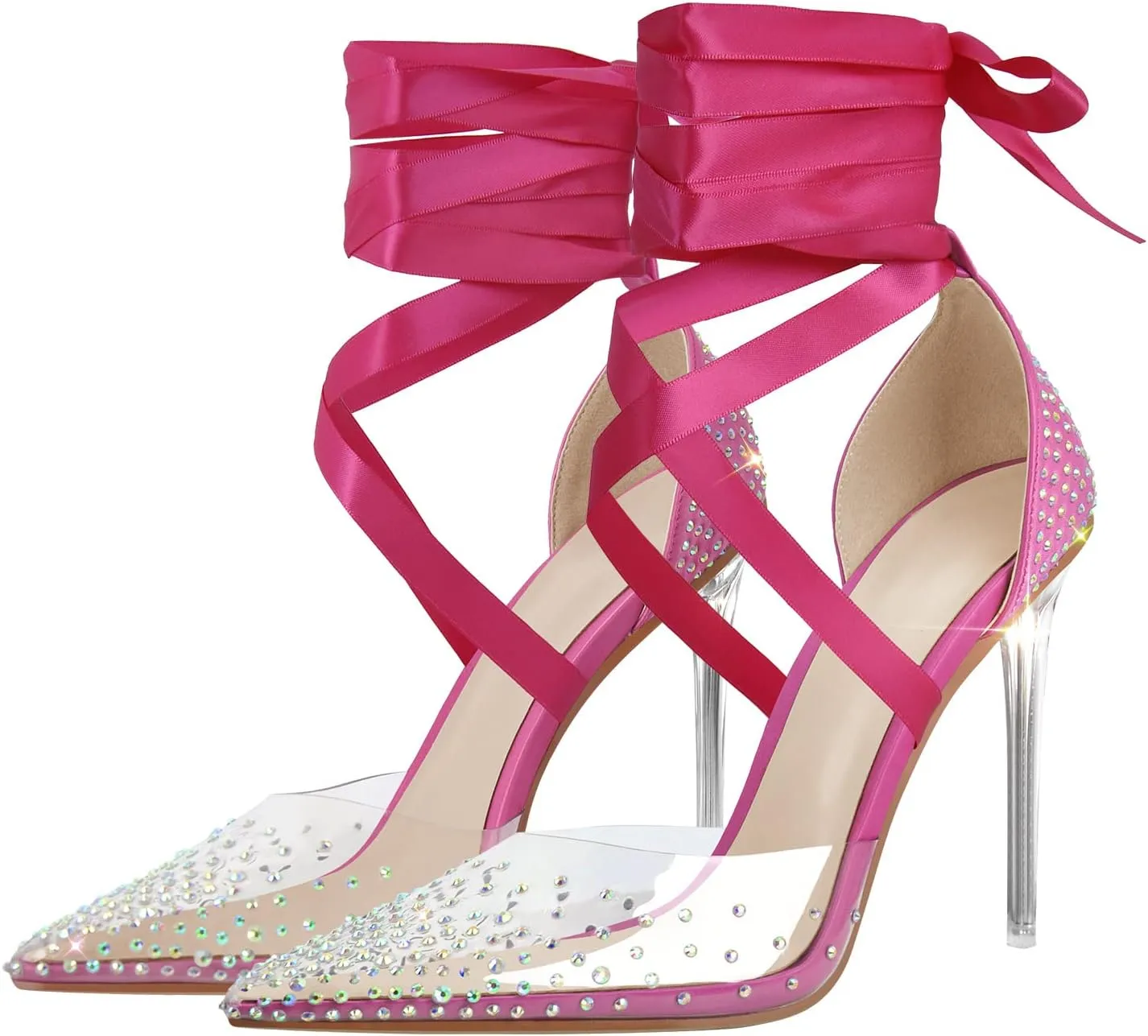 MissHeel Clear and Black Pump Heels Sandals with Rhinestones