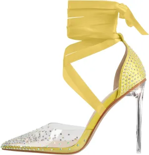MissHeel Clear and Black Pump Heels Sandals with Rhinestones