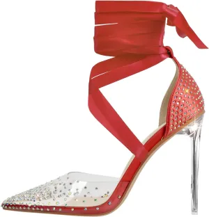MissHeel Clear and Black Pump Heels Sandals with Rhinestones