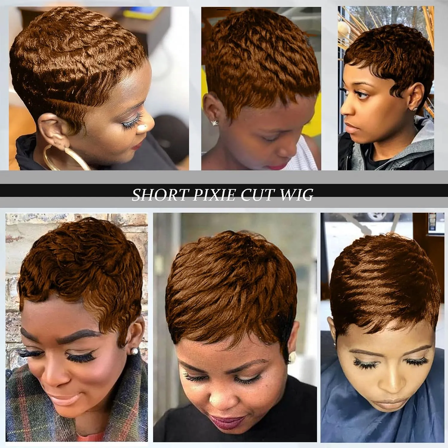 MOONSHOW Auburn Brown Pixie Cut Wig Short Wigs for Black Women, Synthetic, Auburn