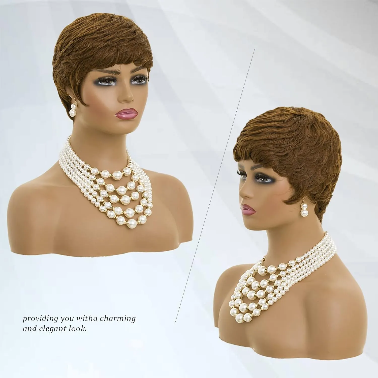 MOONSHOW Auburn Brown Pixie Cut Wig Short Wigs for Black Women, Synthetic, Auburn