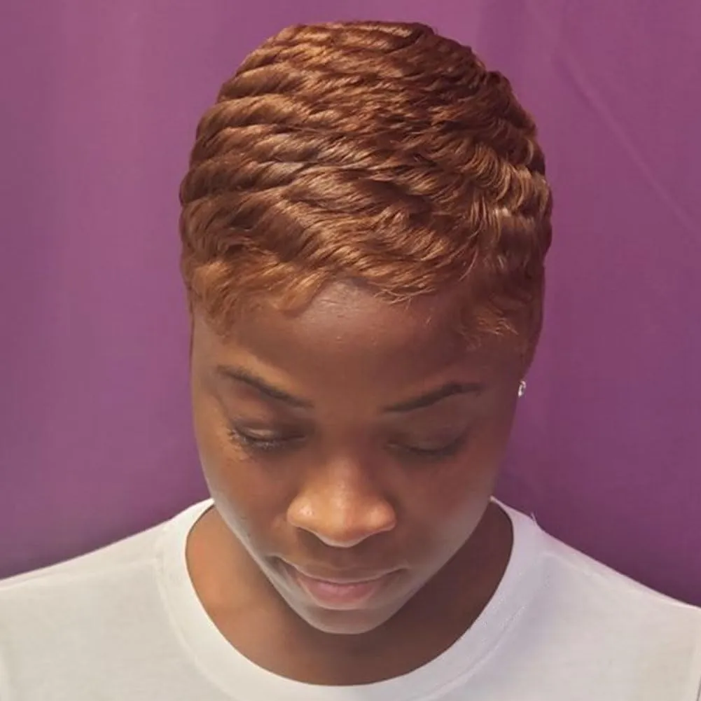 MOONSHOW Auburn Brown Pixie Cut Wig Short Wigs for Black Women, Synthetic, Auburn