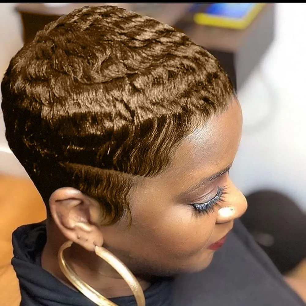 MOONSHOW Auburn Brown Pixie Cut Wig Short Wigs for Black Women, Synthetic, Auburn