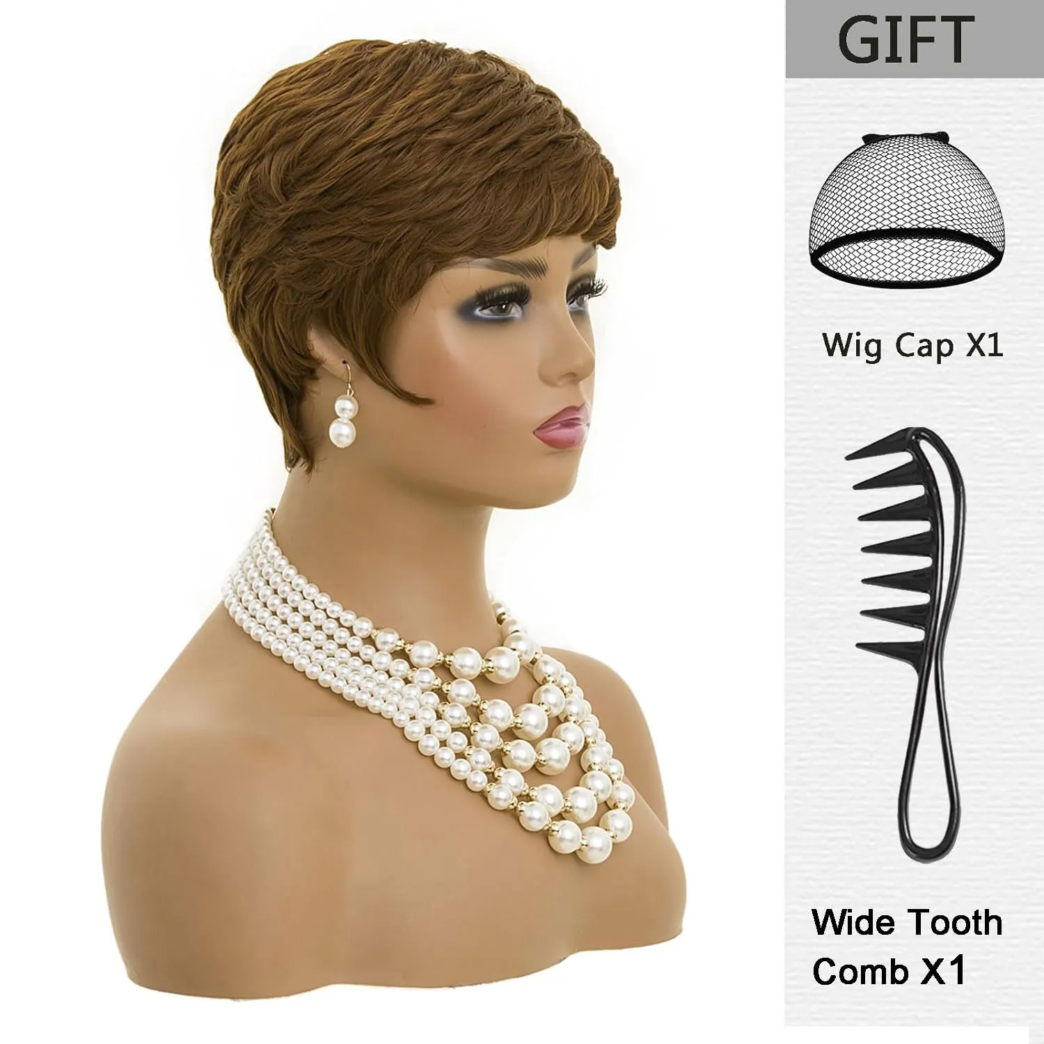 MOONSHOW Auburn Brown Pixie Cut Wig Short Wigs for Black Women, Synthetic, Auburn