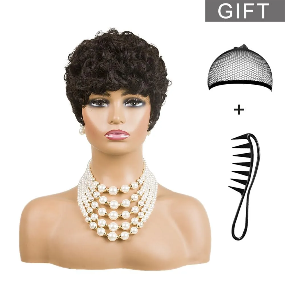 MOONSHOW Short Pixie Cut Wigs for Black Women Dark Brown Short Curly Pixie Wigs Brown Curly Wigs for Black Women Synthetic Pixie Haitcut Wig
