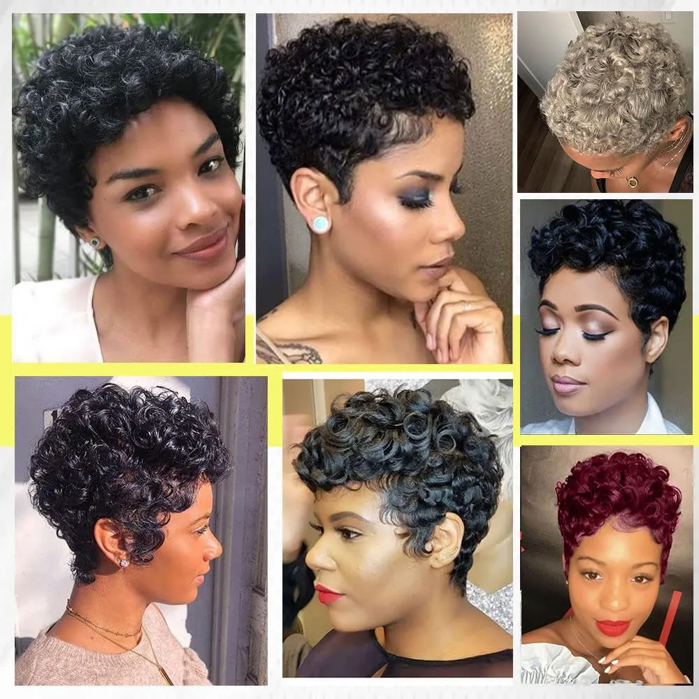 MOONSHOW Short Pixie Cut Wigs for Black Women Dark Brown Short Curly Pixie Wigs Brown Curly Wigs for Black Women Synthetic Pixie Haitcut Wig