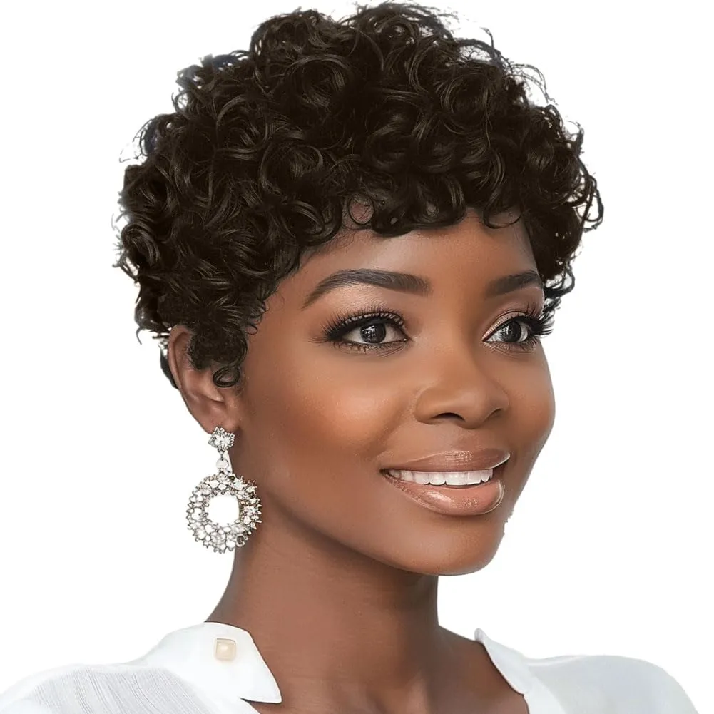 MOONSHOW Short Pixie Cut Wigs for Black Women Dark Brown Short Curly Pixie Wigs Brown Curly Wigs for Black Women Synthetic Pixie Haitcut Wig