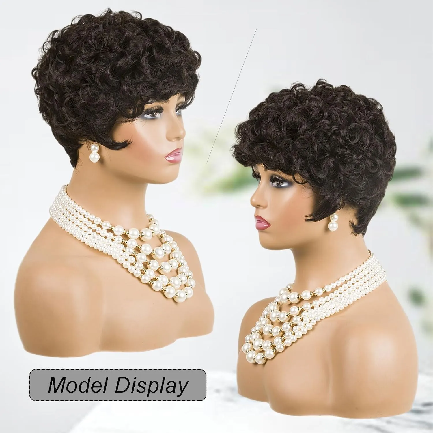 MOONSHOW Short Pixie Cut Wigs for Black Women Dark Brown Short Curly Pixie Wigs Brown Curly Wigs for Black Women Synthetic Pixie Haitcut Wig