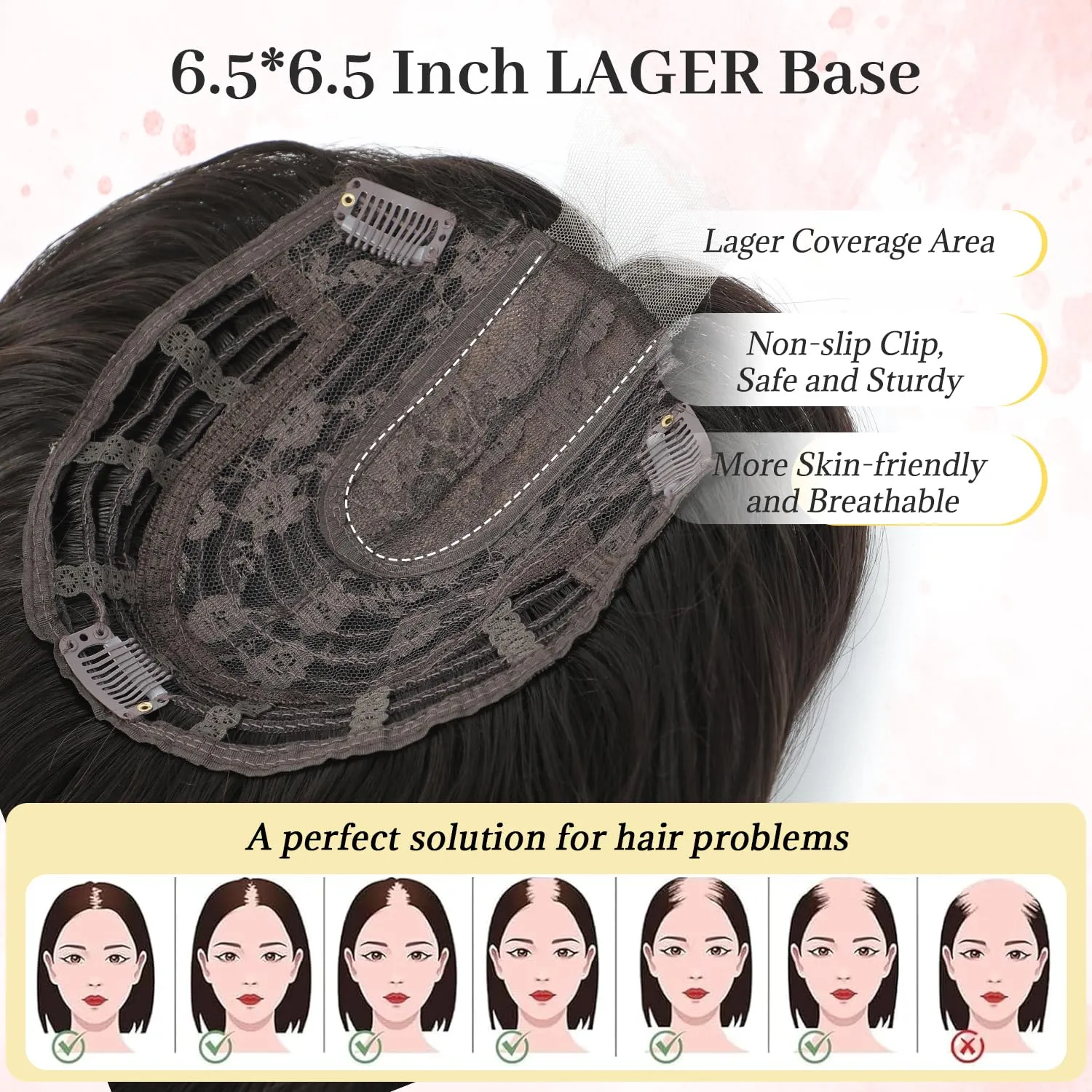 Ms Taj Hair Topper 12 Inch Hair Toppers for Women with Thinning Hair 6.5"x6.5" Large Base Synthetic Hair Topper with Bangs Fiber Wiglets Ladies Toppers Hair Pieces for Women-Brown Black