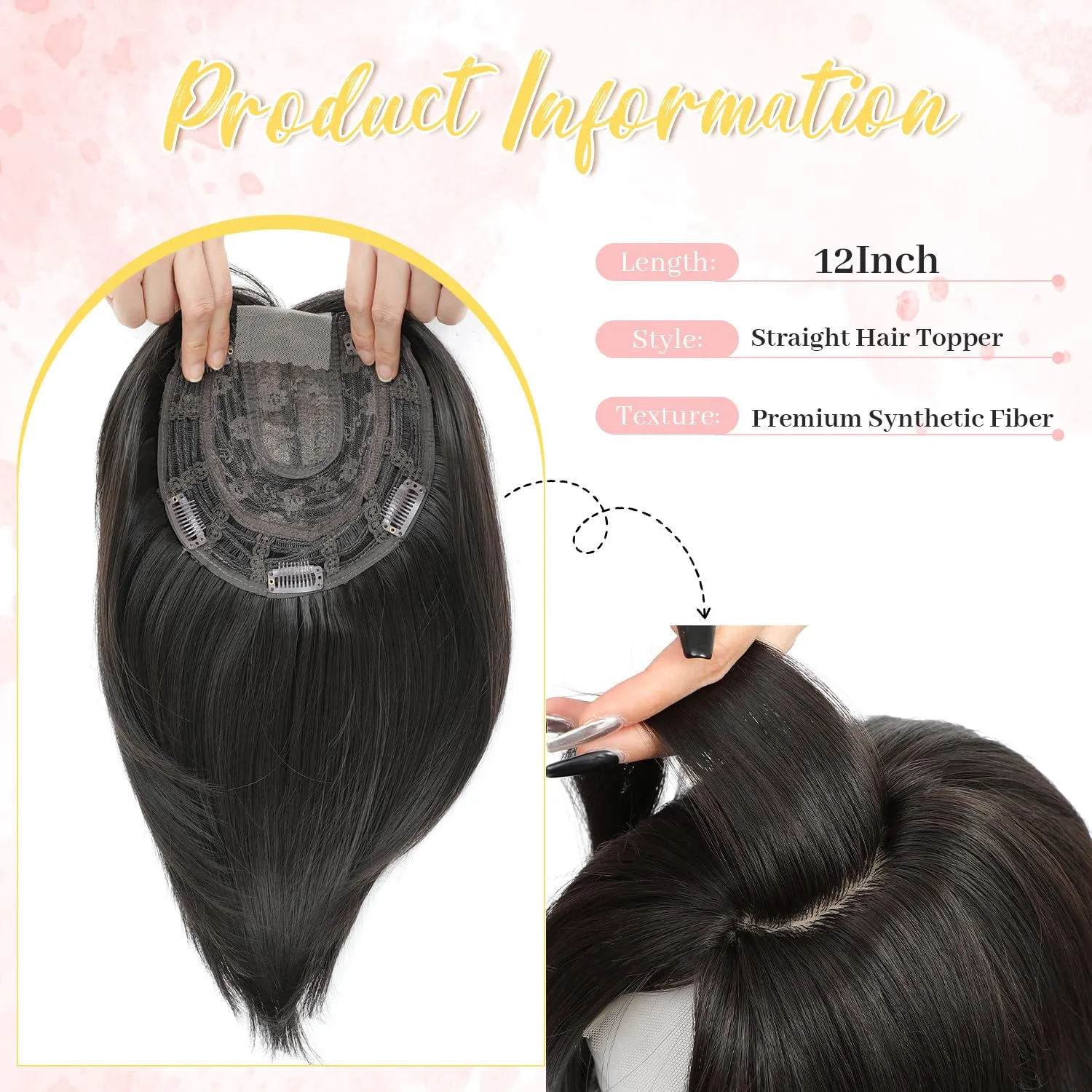 Ms Taj Hair Topper 12 Inch Hair Toppers for Women with Thinning Hair 6.5"x6.5" Large Base Synthetic Hair Topper with Bangs Fiber Wiglets Ladies Toppers Hair Pieces for Women-Brown Black