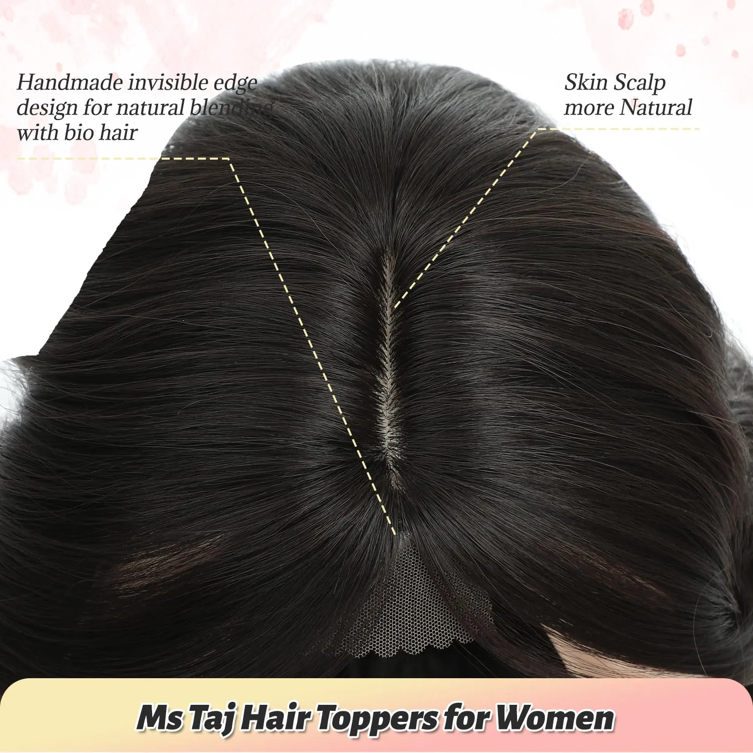 Ms Taj Hair Topper 12 Inch Hair Toppers for Women with Thinning Hair 6.5"x6.5" Large Base Synthetic Hair Topper with Bangs Fiber Wiglets Ladies Toppers Hair Pieces for Women-Brown Black