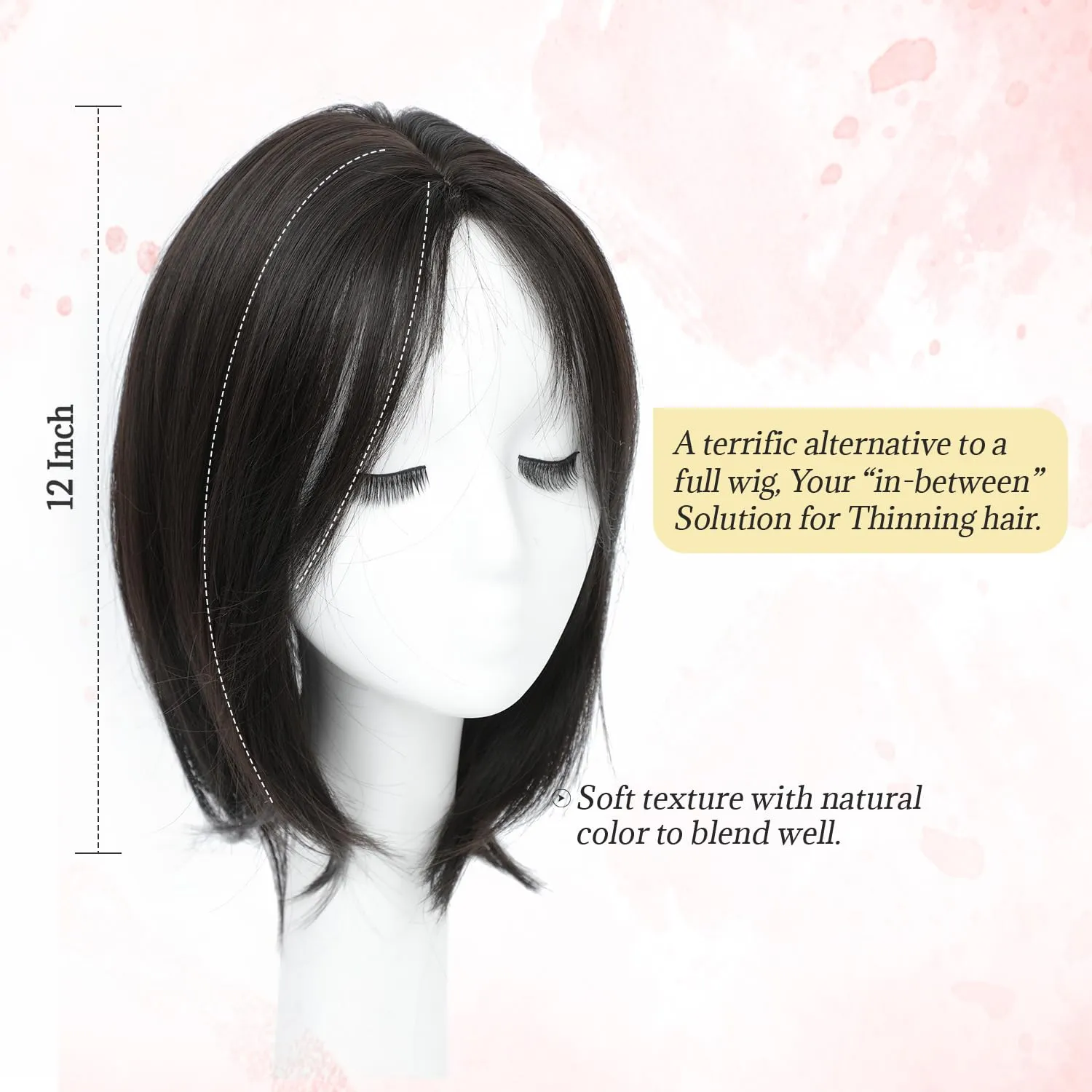 Ms Taj Hair Topper 12 Inch Hair Toppers for Women with Thinning Hair 6.5"x6.5" Large Base Synthetic Hair Topper with Bangs Fiber Wiglets Ladies Toppers Hair Pieces for Women-Brown Black