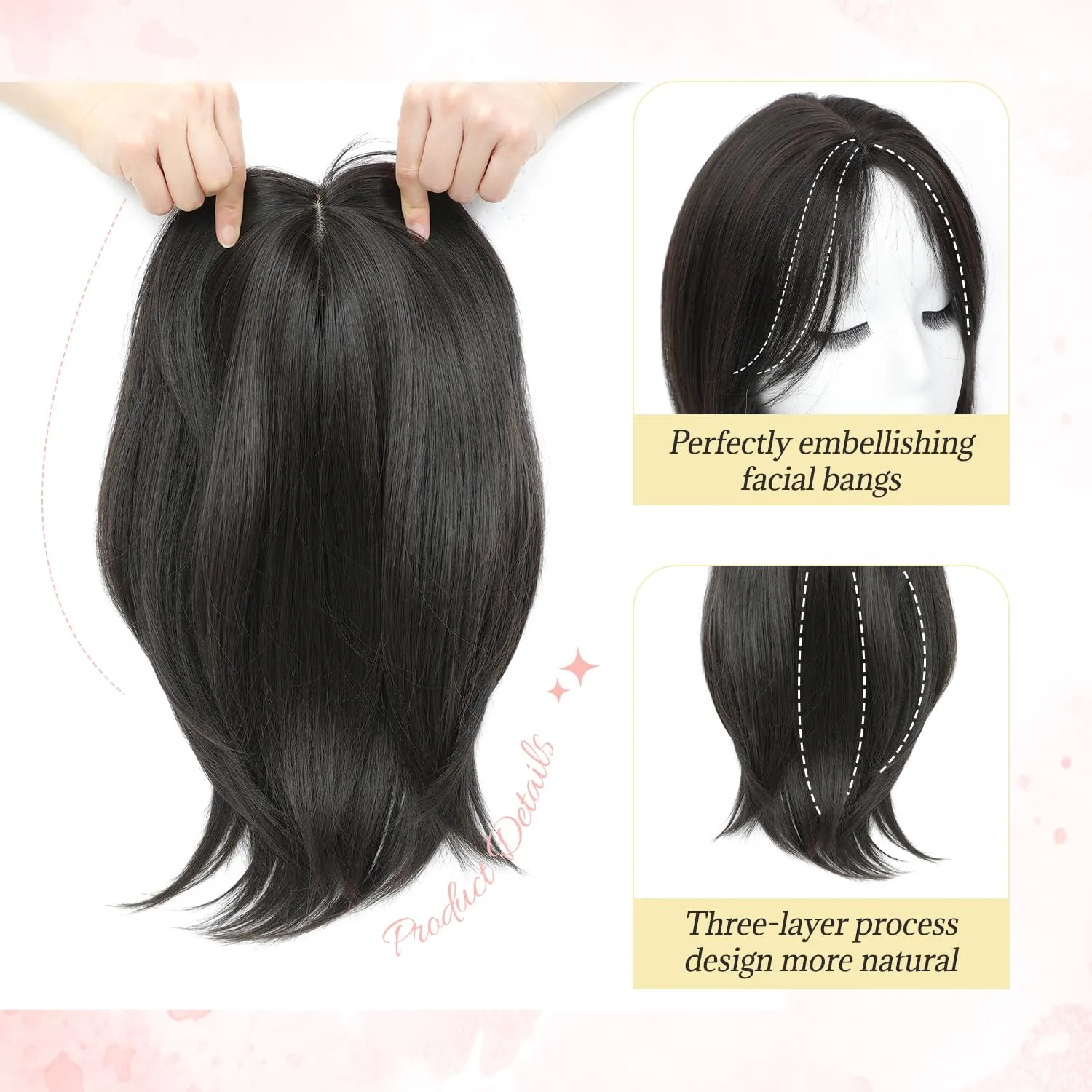 Ms Taj Hair Topper 12 Inch Hair Toppers for Women with Thinning Hair 6.5"x6.5" Large Base Synthetic Hair Topper with Bangs Fiber Wiglets Ladies Toppers Hair Pieces for Women-Brown Black