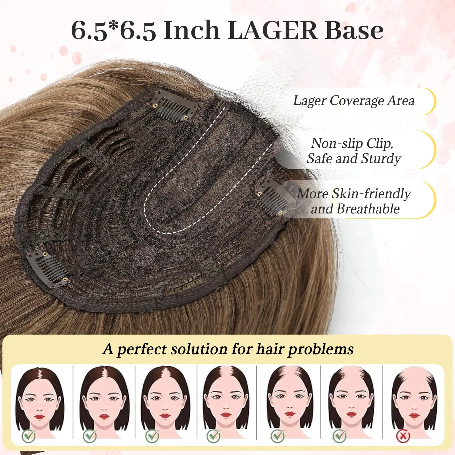 Ms Taj Hair Topper 12 Inch Hair Toppers for Women with Thinning Hair 6.5"x6.5" Large Base Synthetic Hair Topper with Bangs Fiber Wiglets Ladies Toppers Hair Pieces for Women-Rich Brown with Dark Root