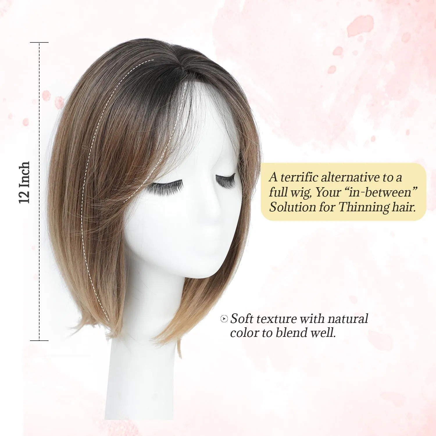Ms Taj Hair Topper 12 Inch Hair Toppers for Women with Thinning Hair 6.5"x6.5" Large Base Synthetic Hair Topper with Bangs Fiber Wiglets Ladies Toppers Hair Pieces for Women-Rich Brown with Dark Root