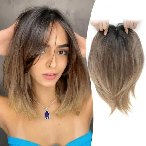 Ms Taj Hair Topper 12 Inch Hair Toppers for Women with Thinning Hair 6.5"x6.5" Large Base Synthetic Hair Topper with Bangs Fiber Wiglets Ladies Toppers Hair Pieces for Women-Rich Brown with Dark Root