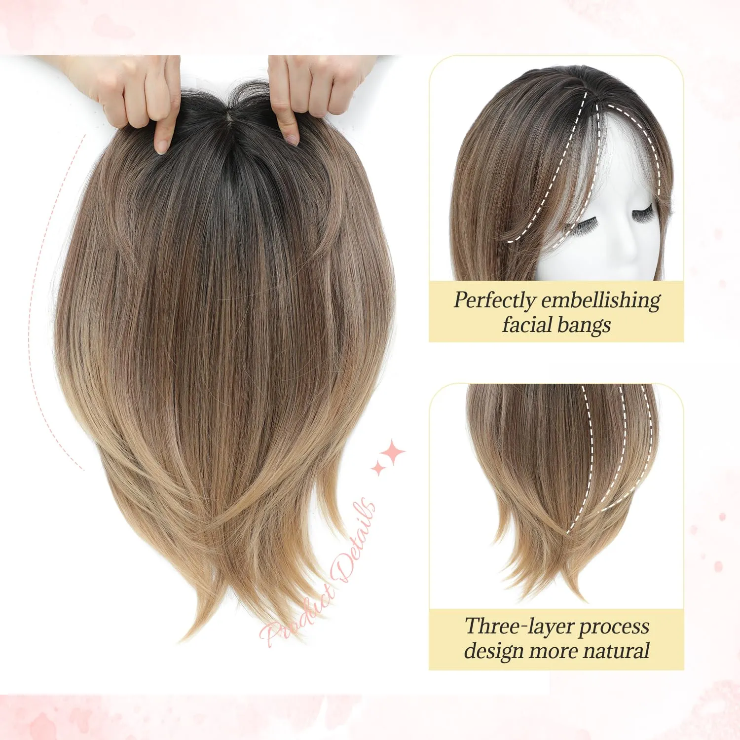 Ms Taj Hair Topper 12 Inch Hair Toppers for Women with Thinning Hair 6.5"x6.5" Large Base Synthetic Hair Topper with Bangs Fiber Wiglets Ladies Toppers Hair Pieces for Women-Rich Brown with Dark Root