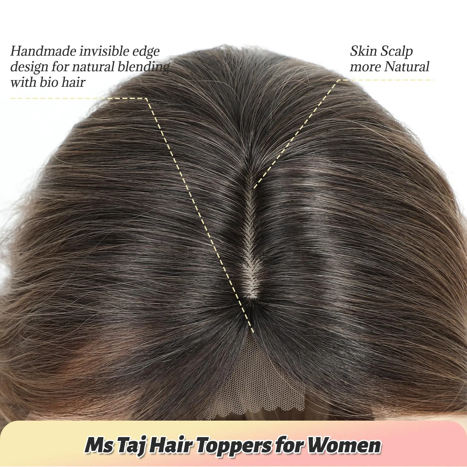 Ms Taj Hair Topper 12 Inch Hair Toppers for Women with Thinning Hair 6.5"x6.5" Large Base Synthetic Hair Topper with Bangs Fiber Wiglets Ladies Toppers Hair Pieces for Women-Rich Brown with Dark Root