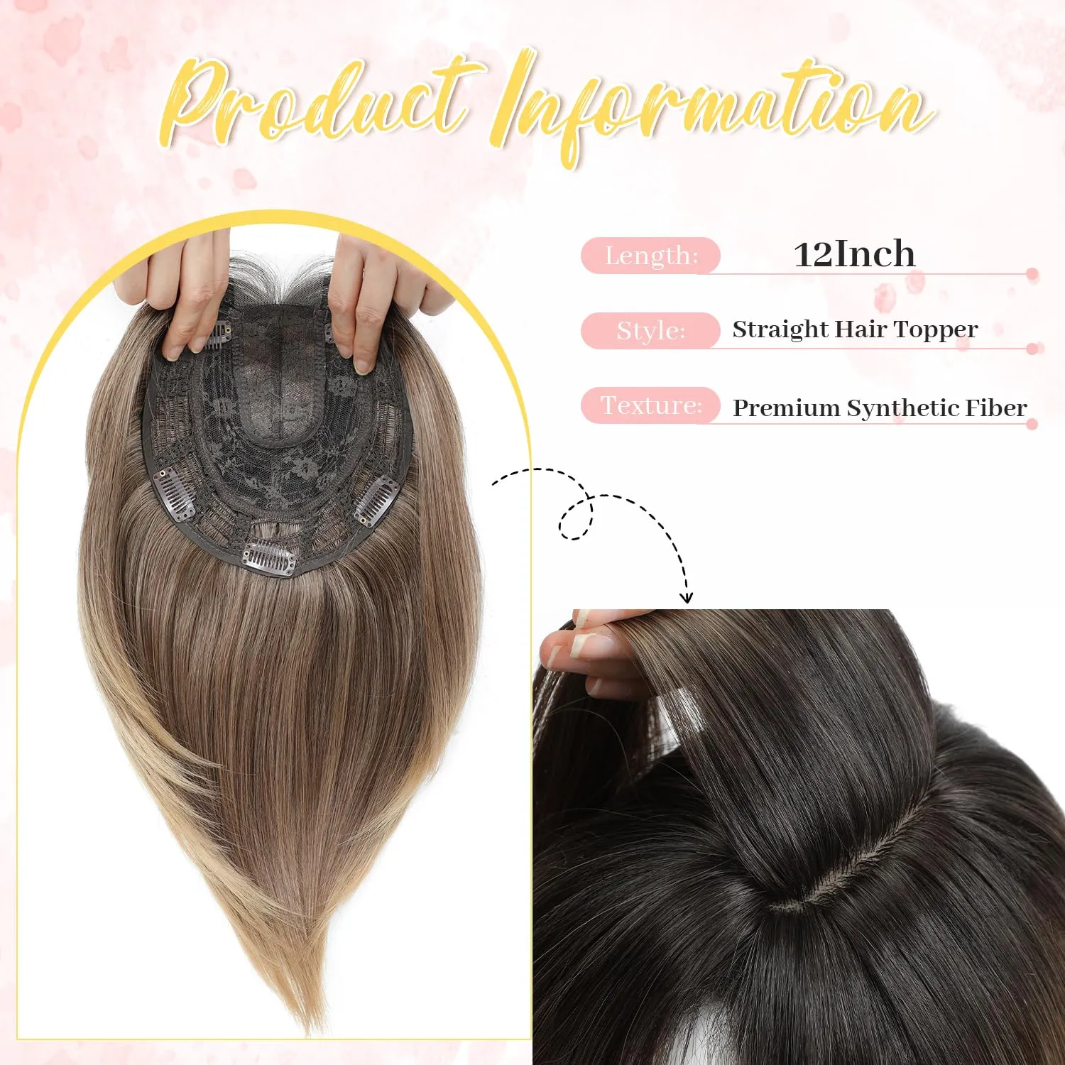 Ms Taj Hair Topper 12 Inch Hair Toppers for Women with Thinning Hair 6.5"x6.5" Large Base Synthetic Hair Topper with Bangs Fiber Wiglets Ladies Toppers Hair Pieces for Women-Rich Brown with Dark Root