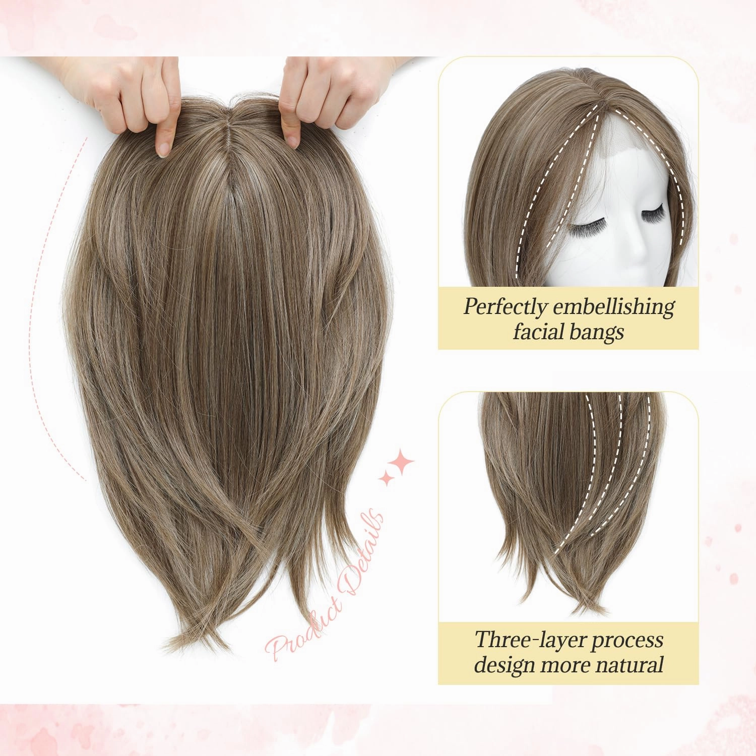 Ms Taj Hair Topper 12 Inch Hair Toppers for Women with Thinning Hair 6.5"x6.5" Large Base Synthetic Hair Topper with Bangs Fiber Wiglets Ladies-Ash Light Brown with Highlights