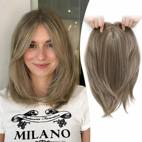 Ms Taj Hair Topper 12 Inch Hair Toppers for Women with Thinning Hair 6.5"x6.5" Large Base Synthetic Hair Topper with Bangs Fiber Wiglets Ladies-Ash Light Brown with Highlights