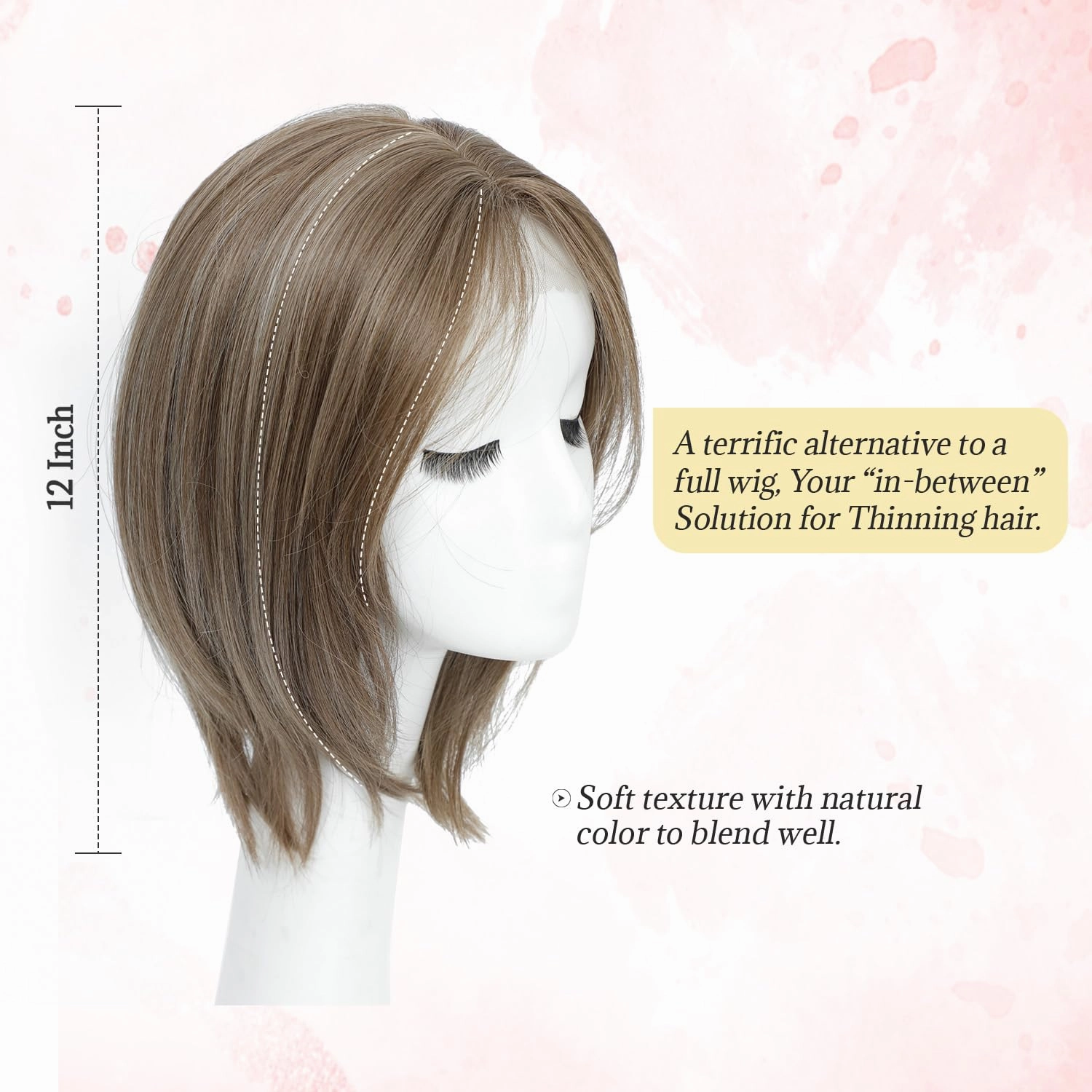 Ms Taj Hair Topper 12 Inch Hair Toppers for Women with Thinning Hair 6.5"x6.5" Large Base Synthetic Hair Topper with Bangs Fiber Wiglets Ladies-Ash Light Brown with Highlights