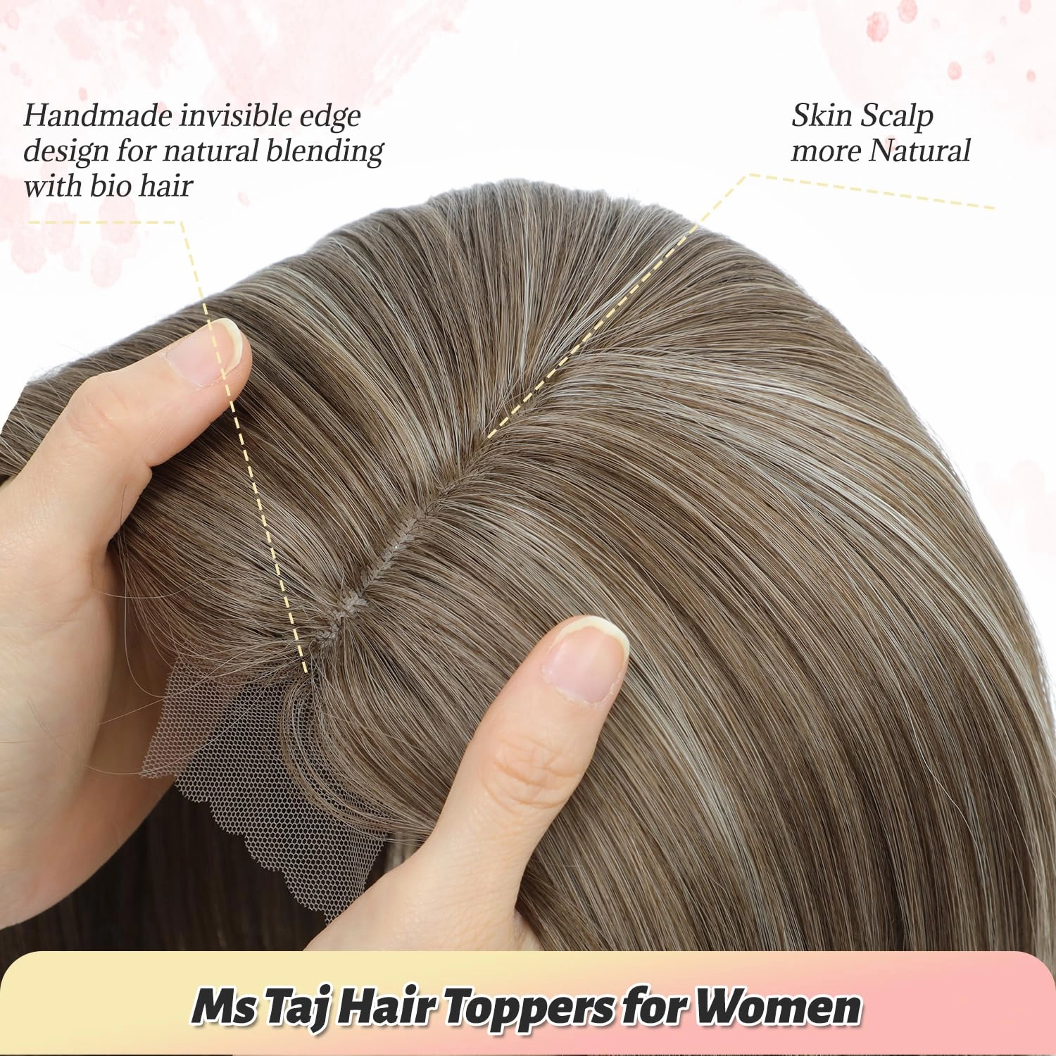 Ms Taj Hair Topper 12 Inch Hair Toppers for Women with Thinning Hair 6.5"x6.5" Large Base Synthetic Hair Topper with Bangs Fiber Wiglets Ladies-Ash Light Brown with Highlights