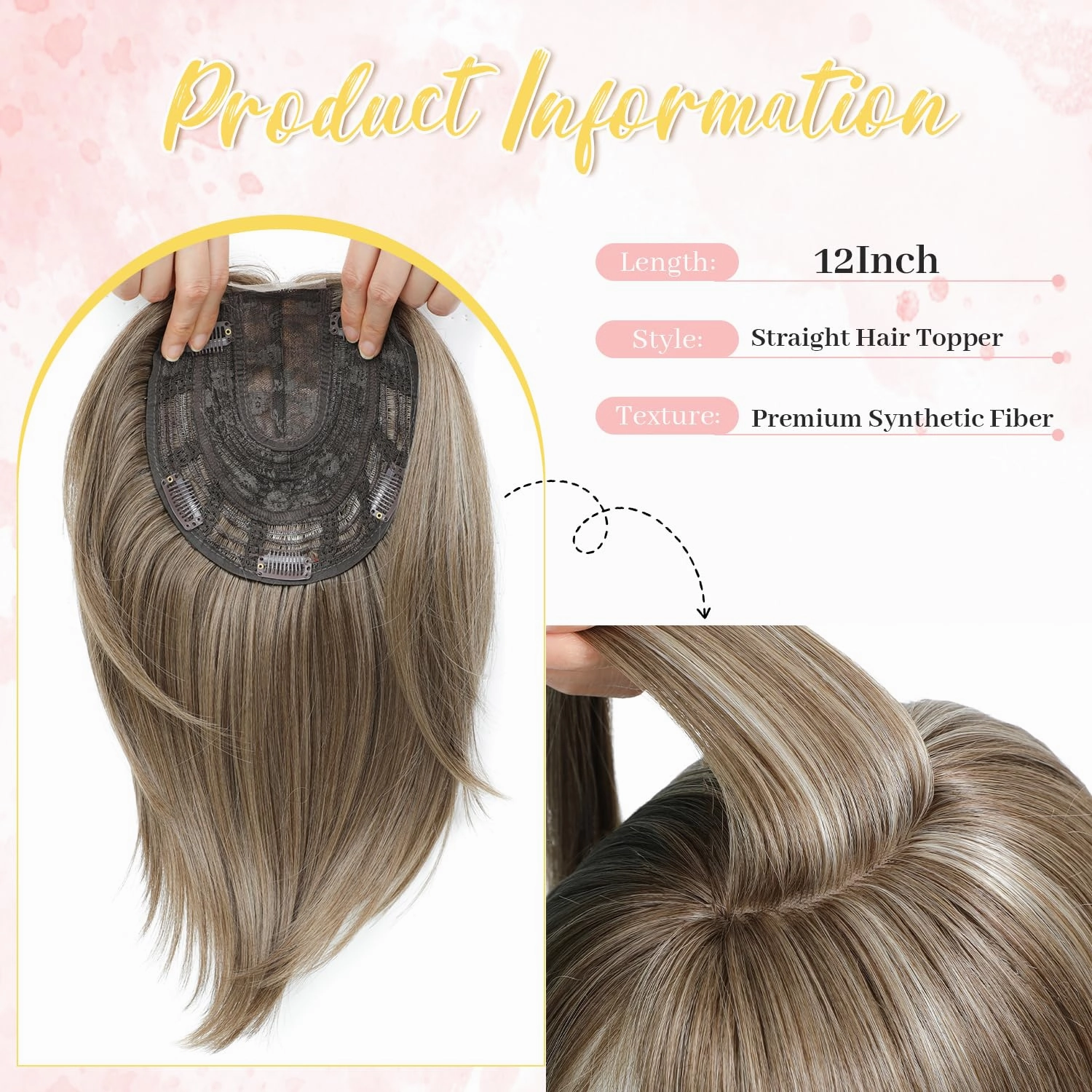 Ms Taj Hair Topper 12 Inch Hair Toppers for Women with Thinning Hair 6.5"x6.5" Large Base Synthetic Hair Topper with Bangs Fiber Wiglets Ladies-Ash Light Brown with Highlights