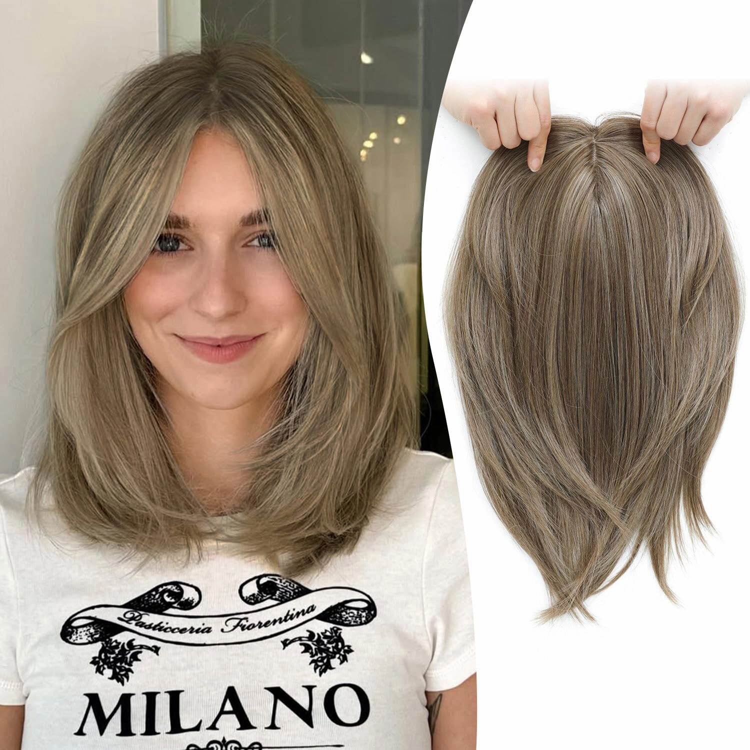 Ms Taj Hair Topper 12 Inch Hair Toppers for Women with Thinning Hair 6.5"x6.5" Large Base Synthetic Hair Topper with Bangs Fiber Wiglets Ladies-Ash Light Brown with Highlights