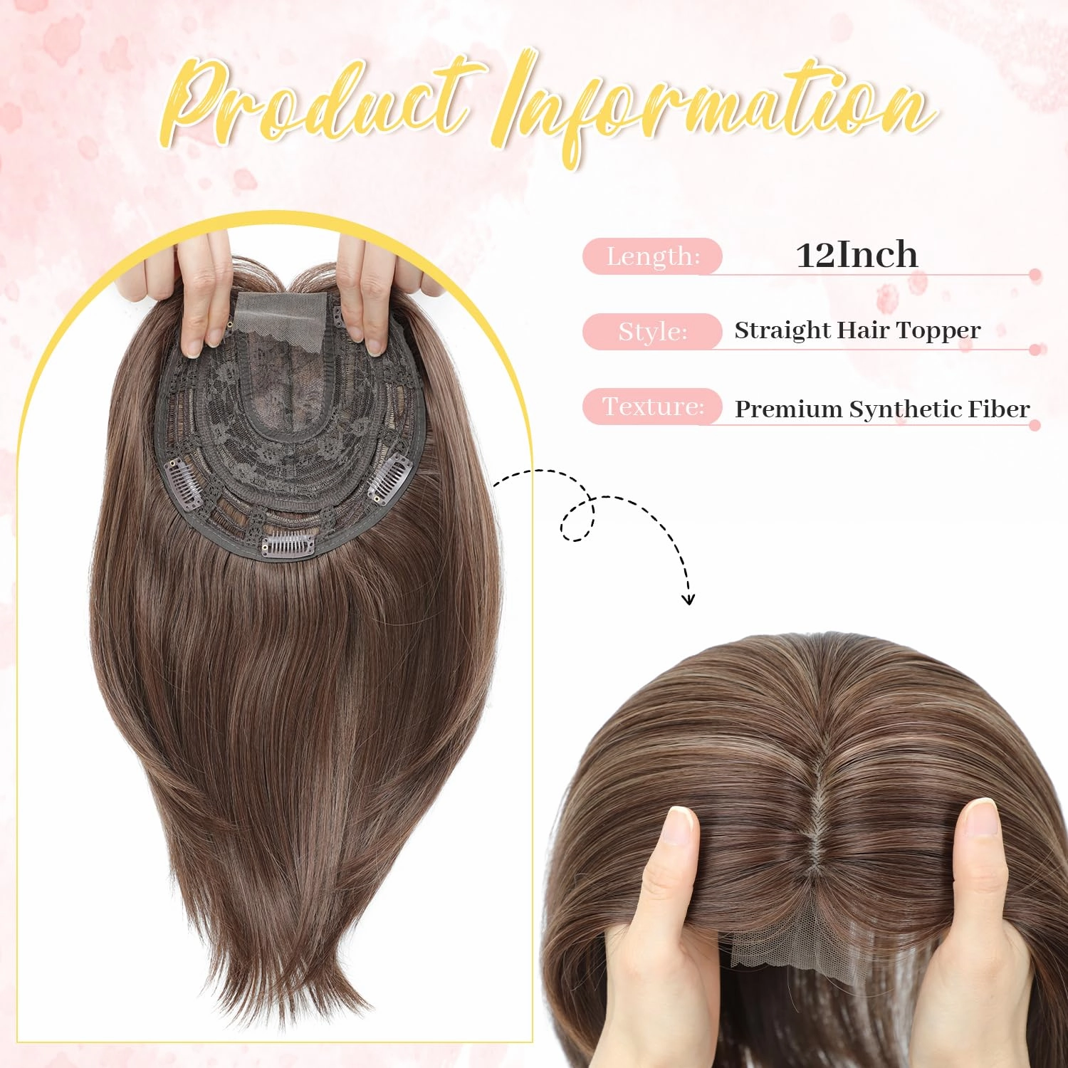 Ms Taj Hair Topper 12 Inch Hair Toppers for Women with Thinning Hair 6.5"x6.5" Large Base Synthetic Hair Topper with Bangs Fiber Wiglets Ladies-Dark Golden Brown with Highlights