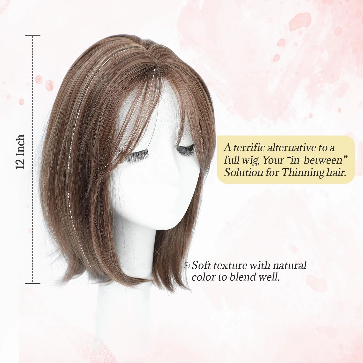 Ms Taj Hair Topper 12 Inch Hair Toppers for Women with Thinning Hair 6.5"x6.5" Large Base Synthetic Hair Topper with Bangs Fiber Wiglets Ladies-Dark Golden Brown with Highlights
