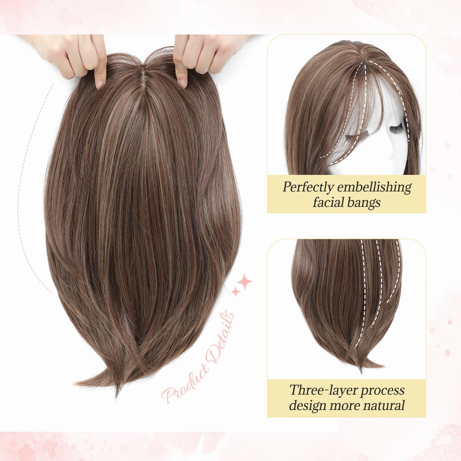 Ms Taj Hair Topper 12 Inch Hair Toppers for Women with Thinning Hair 6.5"x6.5" Large Base Synthetic Hair Topper with Bangs Fiber Wiglets Ladies-Dark Golden Brown with Highlights
