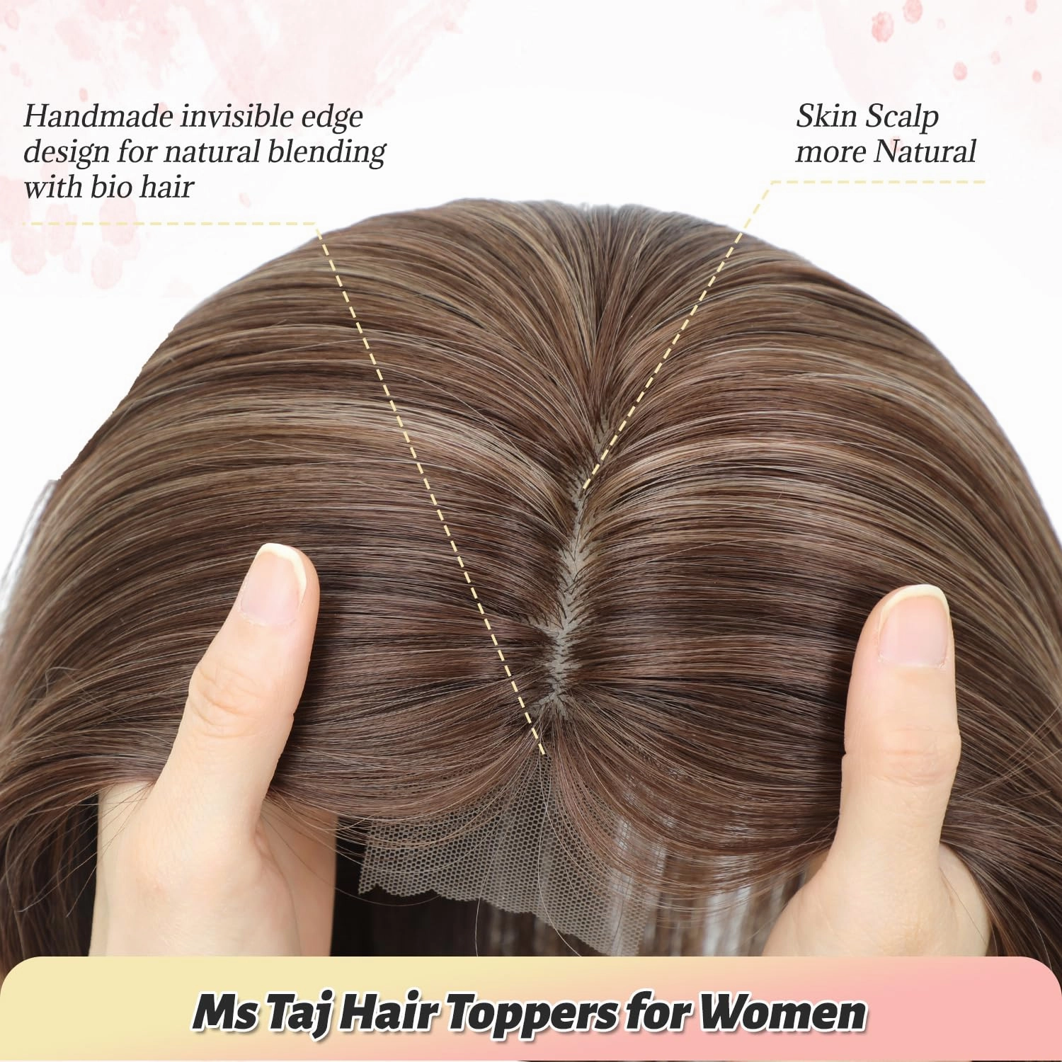 Ms Taj Hair Topper 12 Inch Hair Toppers for Women with Thinning Hair 6.5"x6.5" Large Base Synthetic Hair Topper with Bangs Fiber Wiglets Ladies-Dark Golden Brown with Highlights