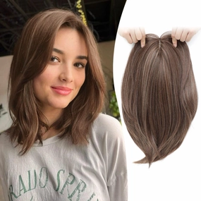 Ms Taj Hair Topper 12 Inch Hair Toppers for Women with Thinning Hair 6.5"x6.5" Large Base Synthetic Hair Topper with Bangs Fiber Wiglets Ladies-Dark Golden Brown with Highlights