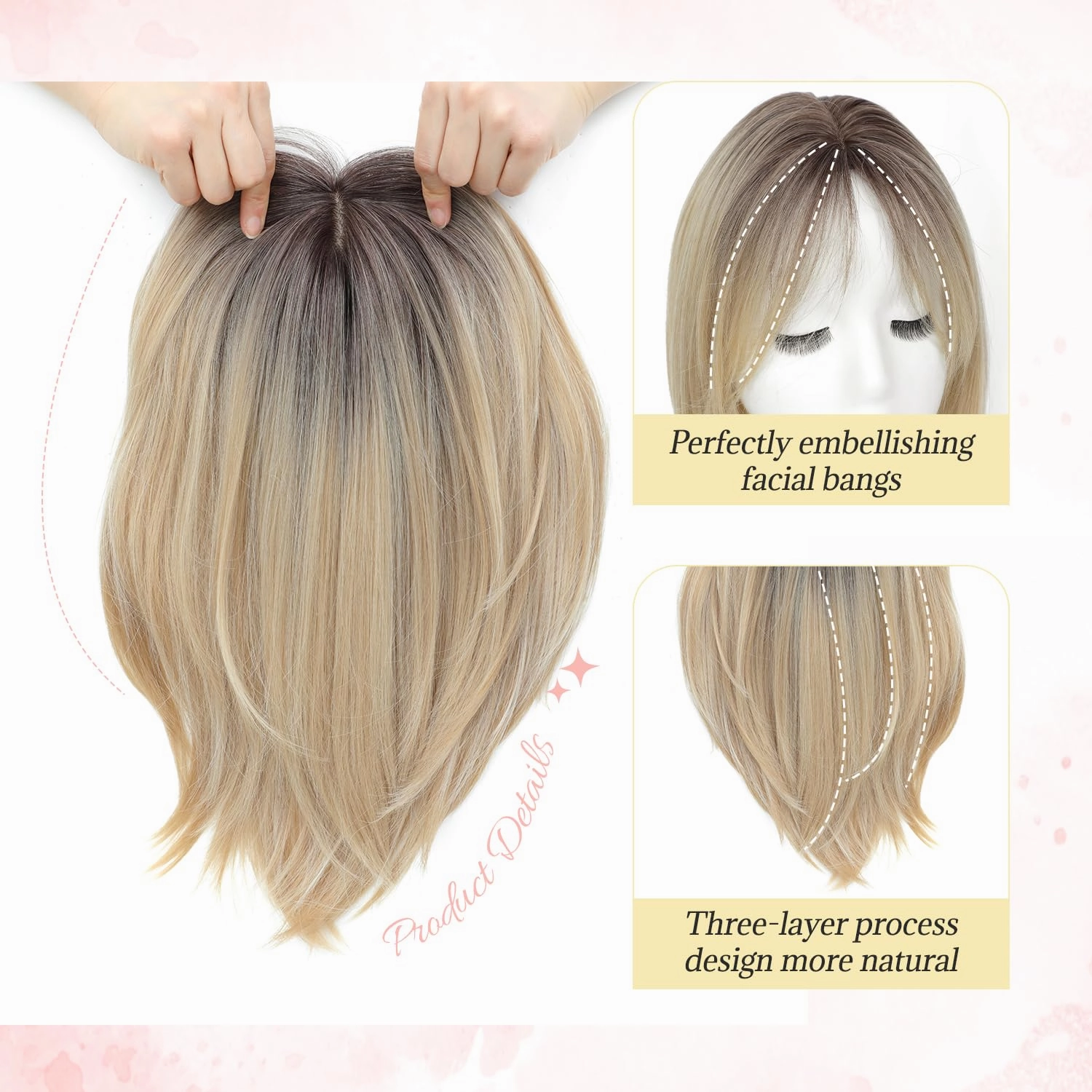 Ms Taj Hair Topper 12 Inch Hair Toppers for Women with Thinning Hair 6.5"x6.5" Large Base Synthetic Hair Topper with Bangs Fiber Wiglets Ladies-Ombre Blonde with Dark Root