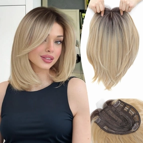 Ms Taj Hair Topper 12 Inch Hair Toppers for Women with Thinning Hair 6.5"x6.5" Large Base Synthetic Hair Topper with Bangs Fiber Wiglets Ladies-Ombre Blonde with Dark Root
