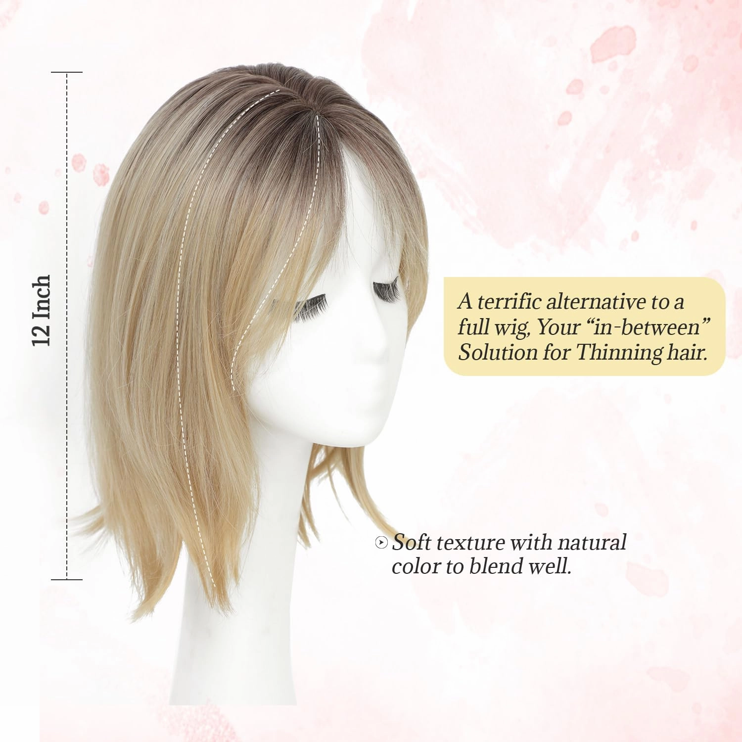 Ms Taj Hair Topper 12 Inch Hair Toppers for Women with Thinning Hair 6.5"x6.5" Large Base Synthetic Hair Topper with Bangs Fiber Wiglets Ladies-Ombre Blonde with Dark Root