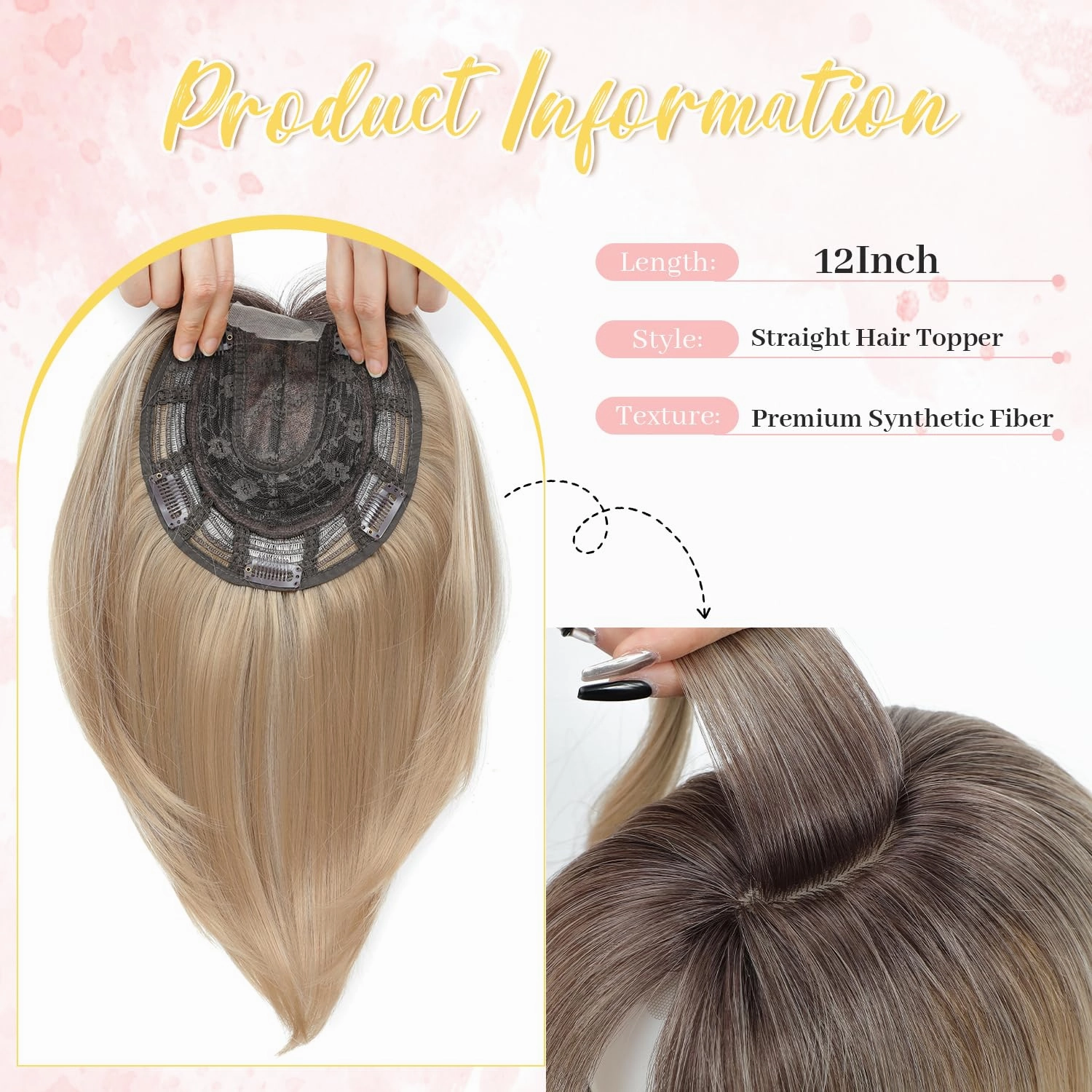 Ms Taj Hair Topper 12 Inch Hair Toppers for Women with Thinning Hair 6.5"x6.5" Large Base Synthetic Hair Topper with Bangs Fiber Wiglets Ladies-Ombre Blonde with Dark Root