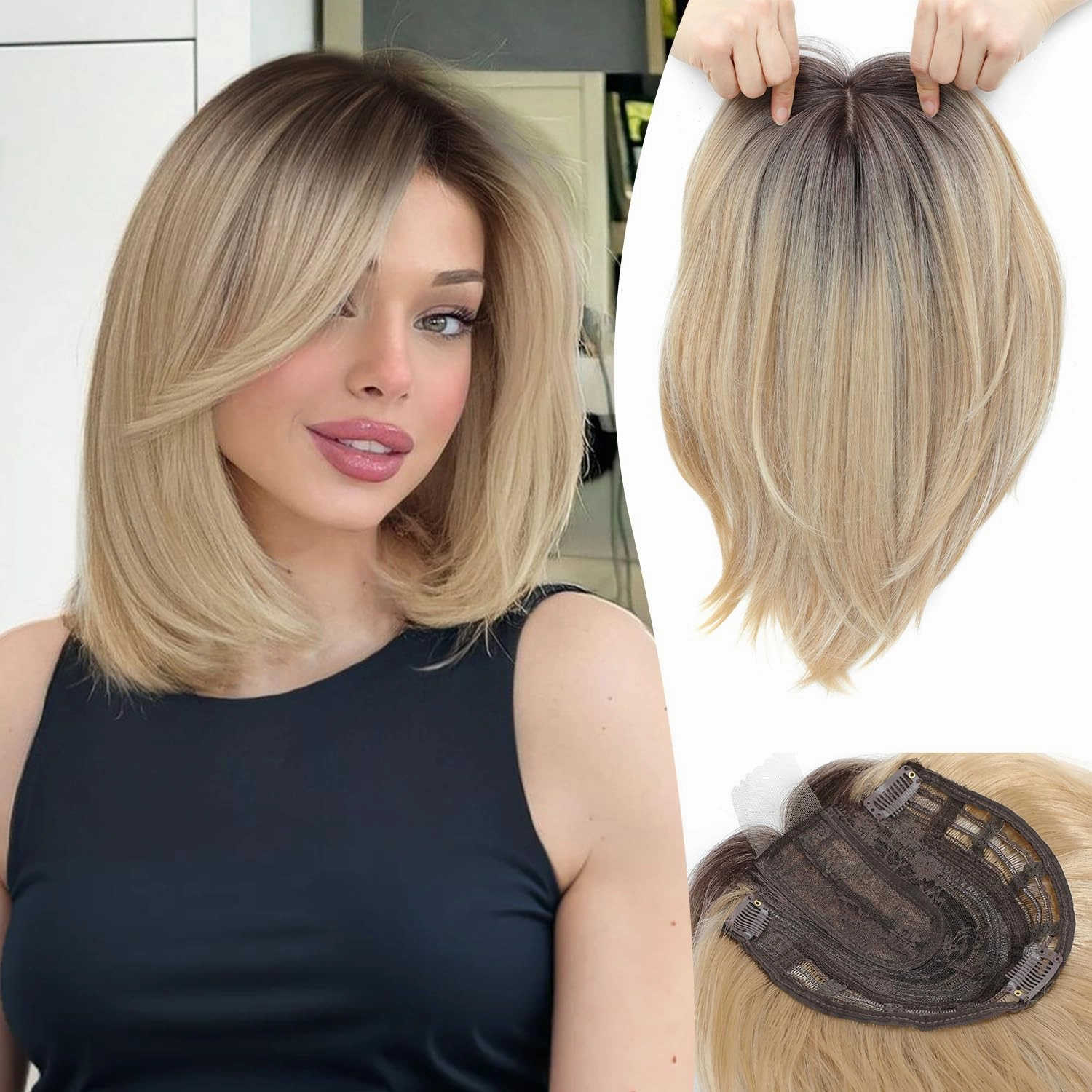 Ms Taj Hair Topper 12 Inch Hair Toppers for Women with Thinning Hair 6.5"x6.5" Large Base Synthetic Hair Topper with Bangs Fiber Wiglets Ladies-Ombre Blonde with Dark Root