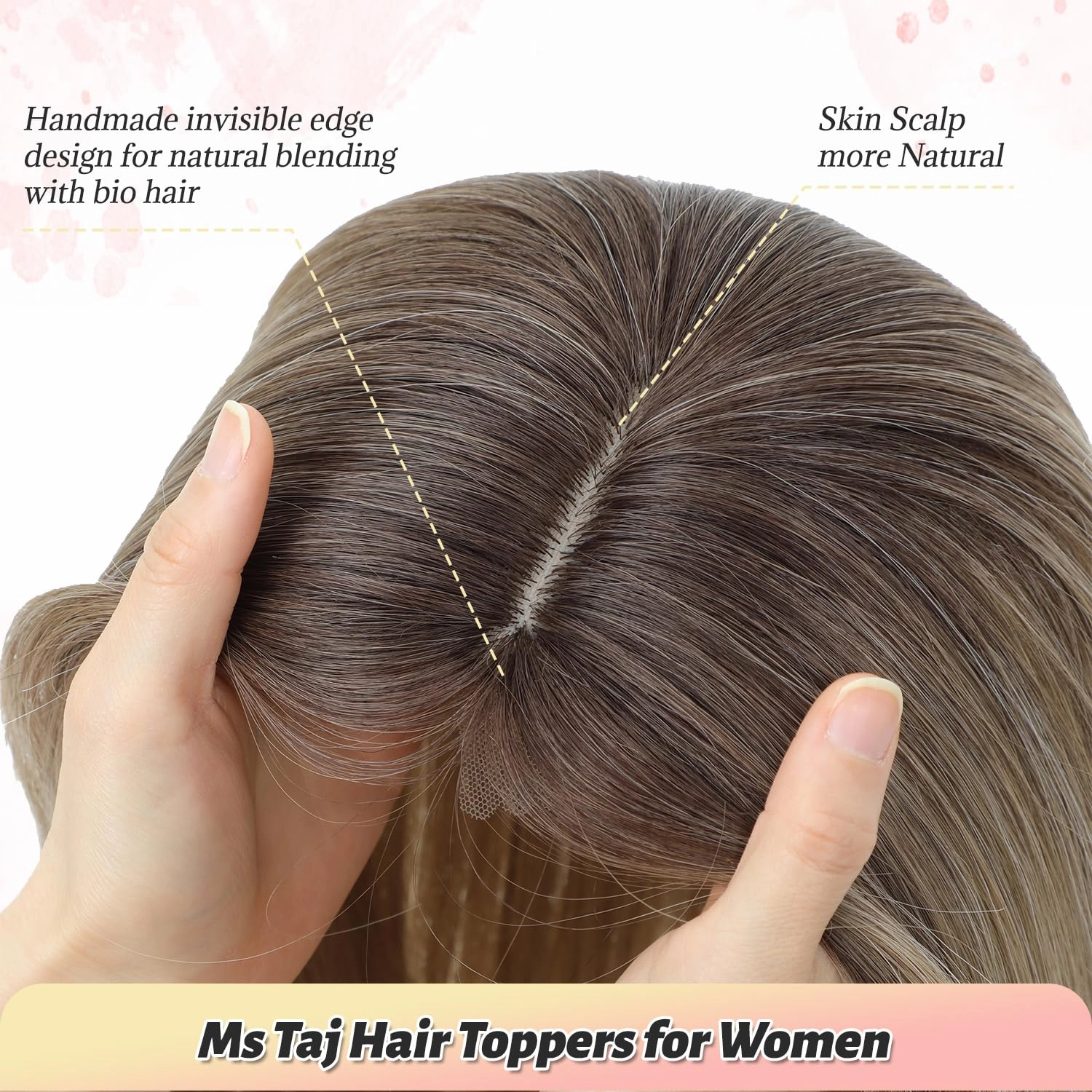 Ms Taj Hair Topper 12 Inch Hair Toppers for Women with Thinning Hair 6.5"x6.5" Large Base Synthetic Hair Topper with Bangs Fiber Wiglets Ladies Toppers Hair Pieces for Women-Ombre Dark Blonde