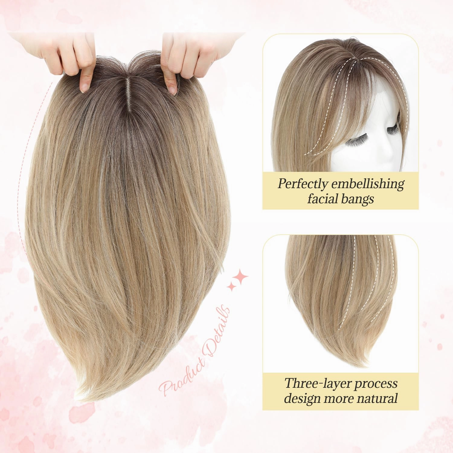 Ms Taj Hair Topper 12 Inch Hair Toppers for Women with Thinning Hair 6.5"x6.5" Large Base Synthetic Hair Topper with Bangs Fiber Wiglets Ladies Toppers Hair Pieces for Women-Ombre Dark Blonde