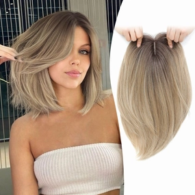 Ms Taj Hair Topper 12 Inch Hair Toppers for Women with Thinning Hair 6.5"x6.5" Large Base Synthetic Hair Topper with Bangs Fiber Wiglets Ladies Toppers Hair Pieces for Women-Ombre Dark Blonde
