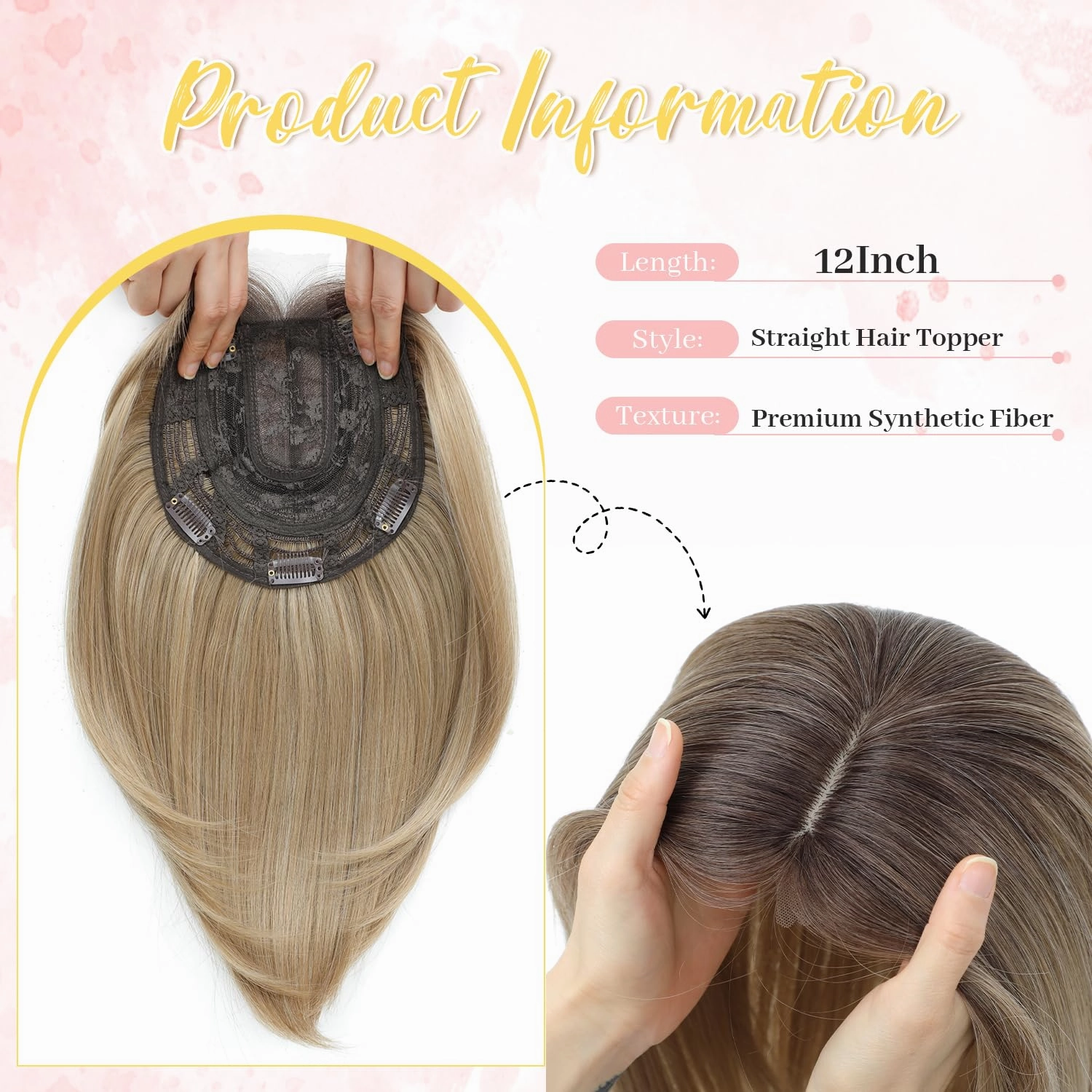 Ms Taj Hair Topper 12 Inch Hair Toppers for Women with Thinning Hair 6.5"x6.5" Large Base Synthetic Hair Topper with Bangs Fiber Wiglets Ladies Toppers Hair Pieces for Women-Ombre Dark Blonde