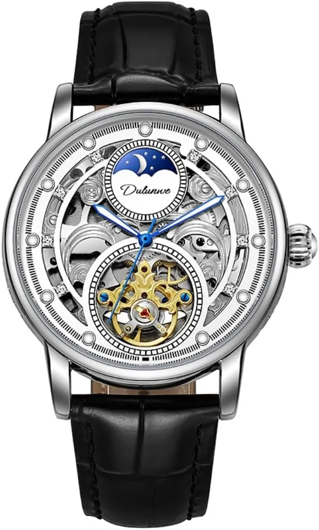 Multi Functional Mechanical Watch with Hollowed Out Movement, Comfortable Leather Strap, Moon Phase Display, Waterproof Luminous Zirconium Diamond Inlaid Men's Business Watch