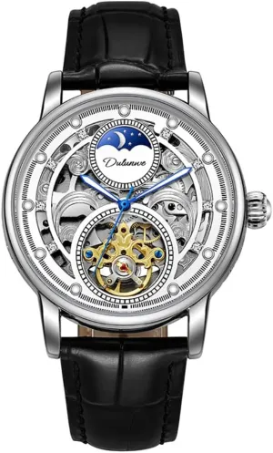Multi Functional Mechanical Watch with Hollowed Out Movement, Comfortable Leather Strap, Moon Phase Display, Waterproof Luminous Zirconium Diamond Inlaid Men's Business Watch
