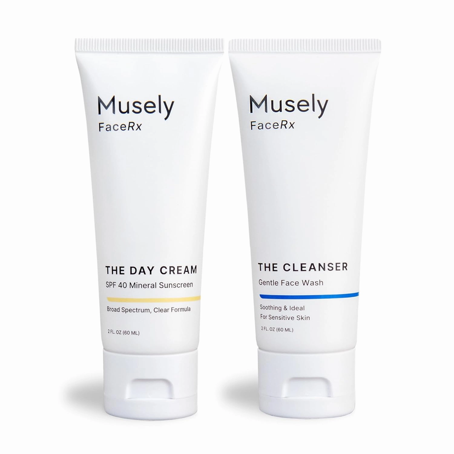Musely Cleanser and Day Cream Mineral SPF 40, Clinical Grade Sunscreen, Broad-Spectrum, Water Resistant, 2 Fl Oz, Clear Color, 2x Bundle