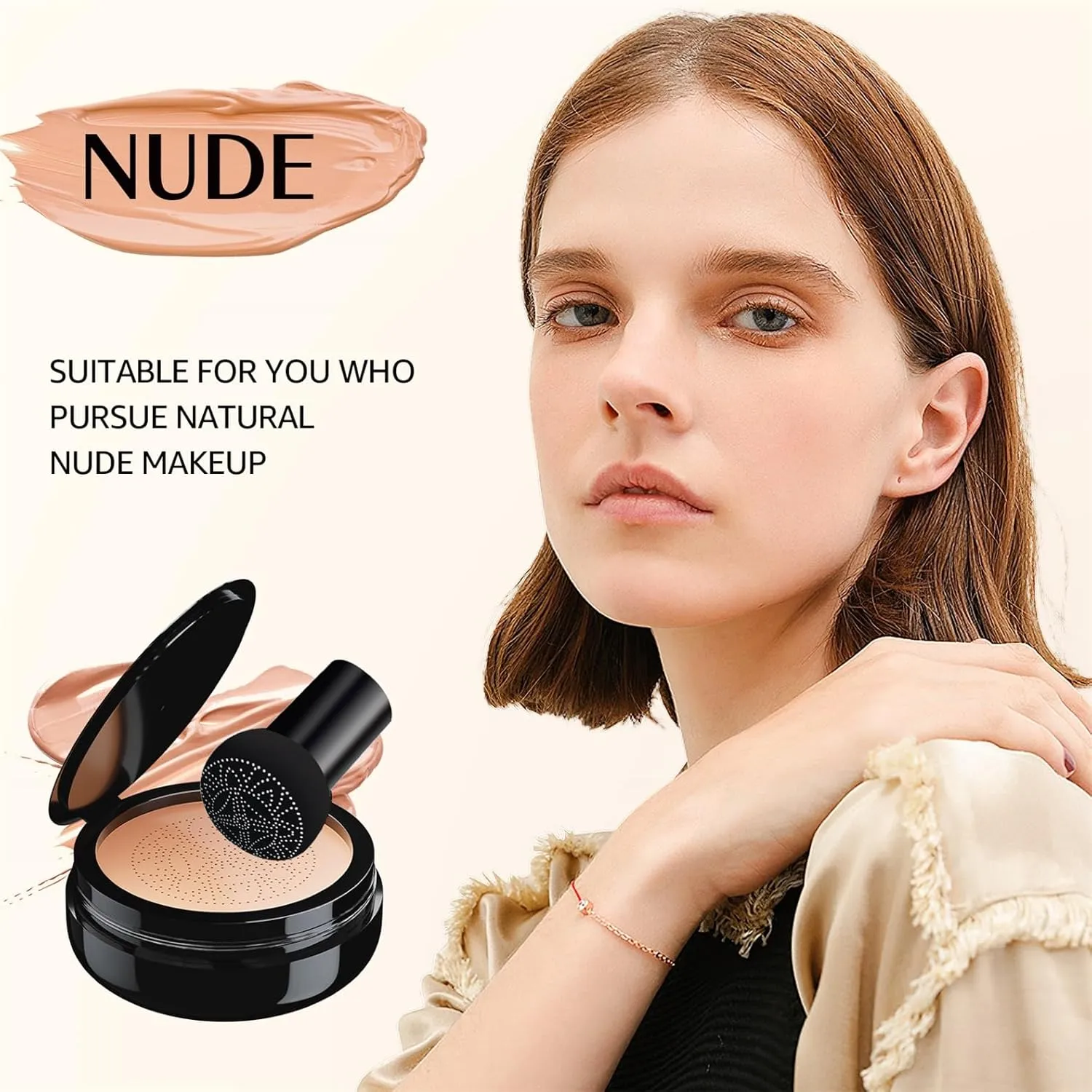 Mushroom Head Air Cushion CC Cream Strong Concealer, Moisturizing BB Cream Makeup Base Primer Even Skin Tone for All Skin Types, Face Makeup Cushion Foundation Long Lasting (Nude)