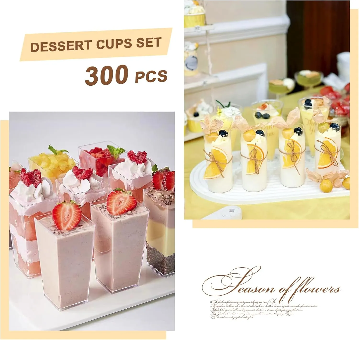 mwellewm 150 Packs Mini Dessert Cups with Spoons, 3oz Clear Plastic Dessert Parfait Cups for Parties, Small Dessert Shooters Fruit Ice Cream Pudding Treat Appetizer Cups (Round, Square)