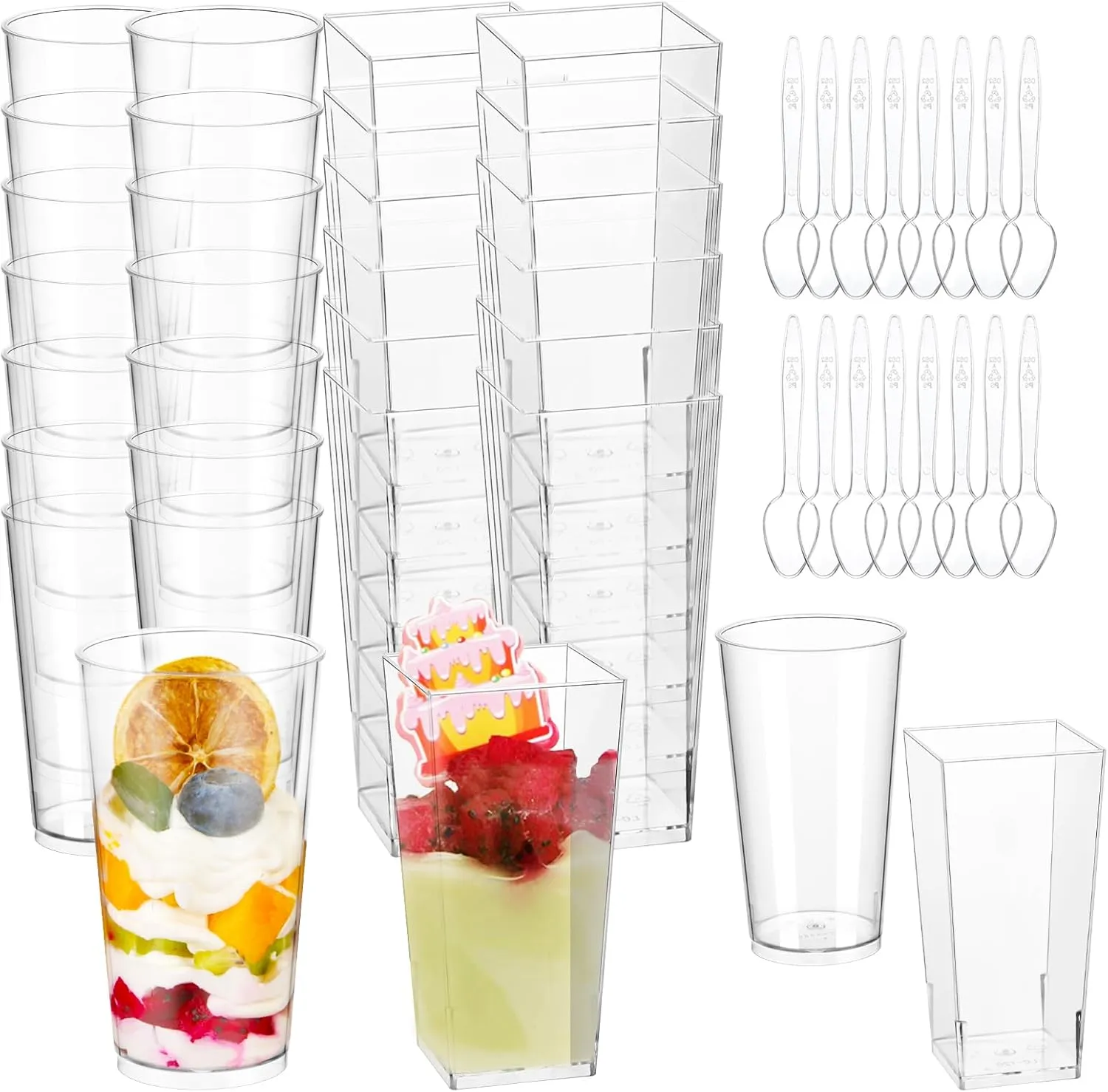 mwellewm 150 Packs Mini Dessert Cups with Spoons, 3oz Clear Plastic Dessert Parfait Cups for Parties, Small Dessert Shooters Fruit Ice Cream Pudding Treat Appetizer Cups (Round, Square)