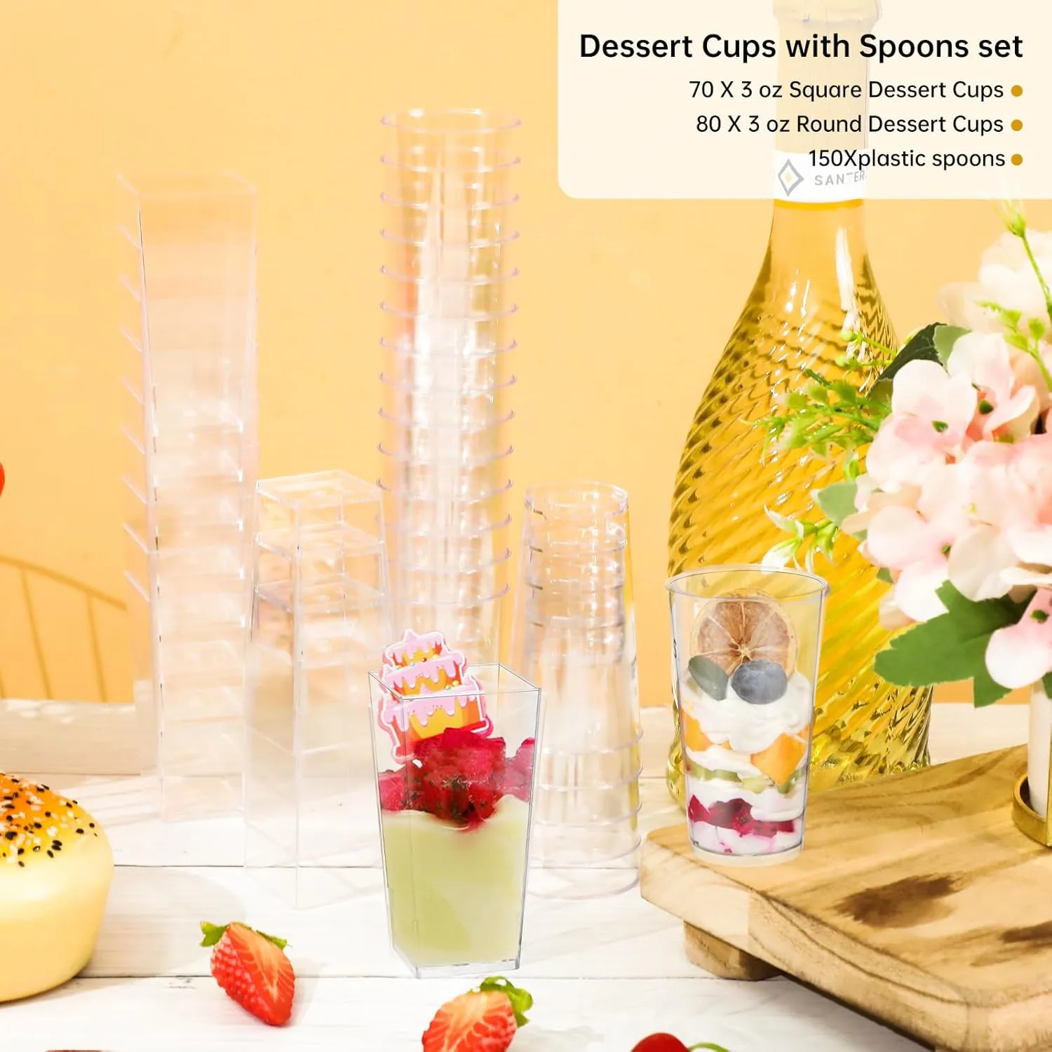 mwellewm 150 Packs Mini Dessert Cups with Spoons, 3oz Clear Plastic Dessert Parfait Cups for Parties, Small Dessert Shooters Fruit Ice Cream Pudding Treat Appetizer Cups (Round, Square)